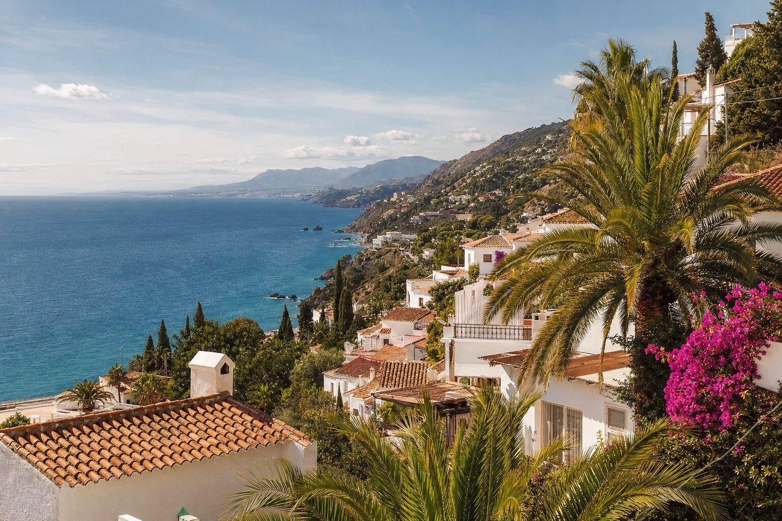 Mediterransk kystpanorama med spansk hvitkalket hilltop-landsby, terrakottatak ned mot blå hav, palmer og bougainvillea i golden hour
