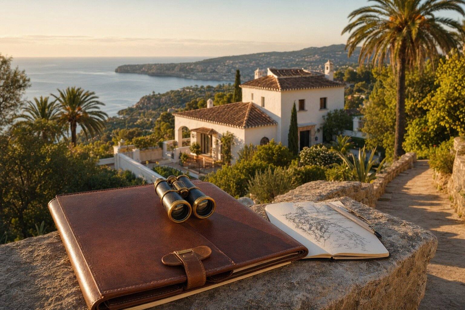 Mediterransk boligleting: vintage lærmappe, messingkikkert, og notatbok med kartskisse på en steinmur med utsikt mot Middelhavet i golden hour