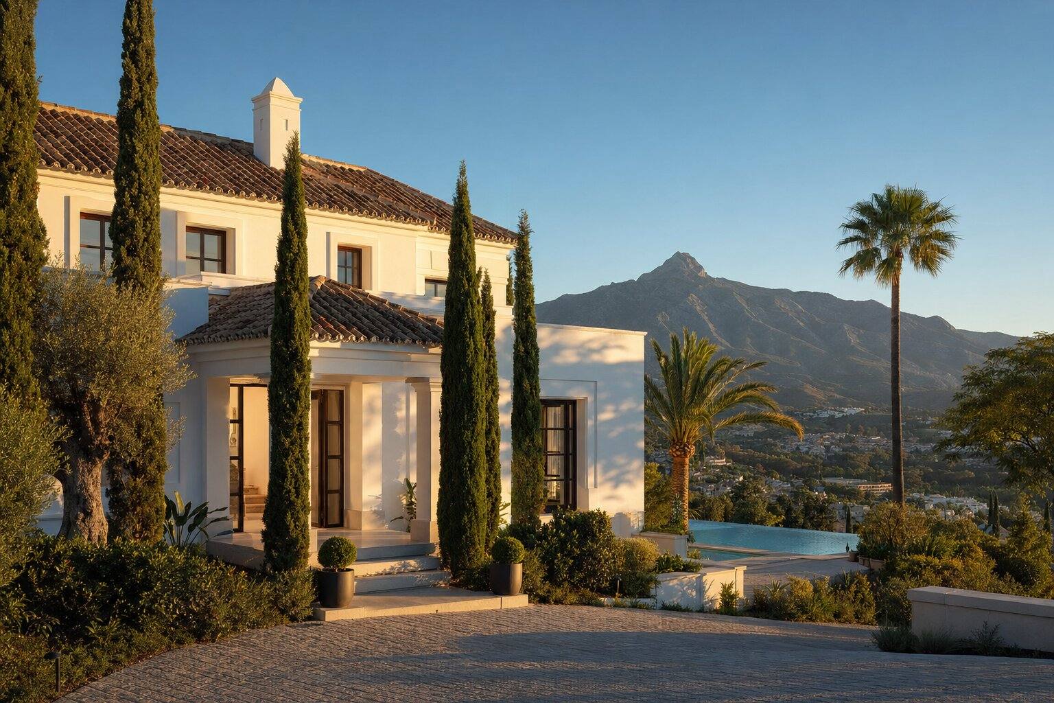 Luksuriøs Marbella-villa i golden hour med hvitkalket fasade, terrakottatak, cypresstrær og La Concha-fjellet i bakgrunnen