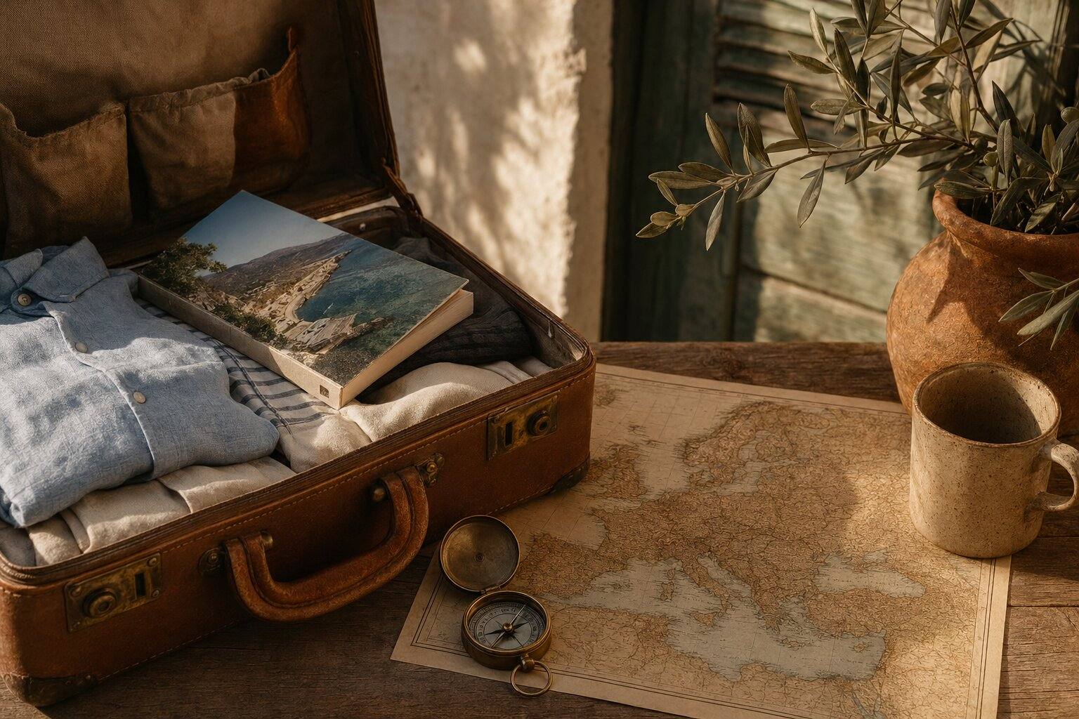 Reisetema: åpen vintage koffert, kompass, kart over Middelhavet, terrakottapotte med olivenkvist, ettermiddagslys
